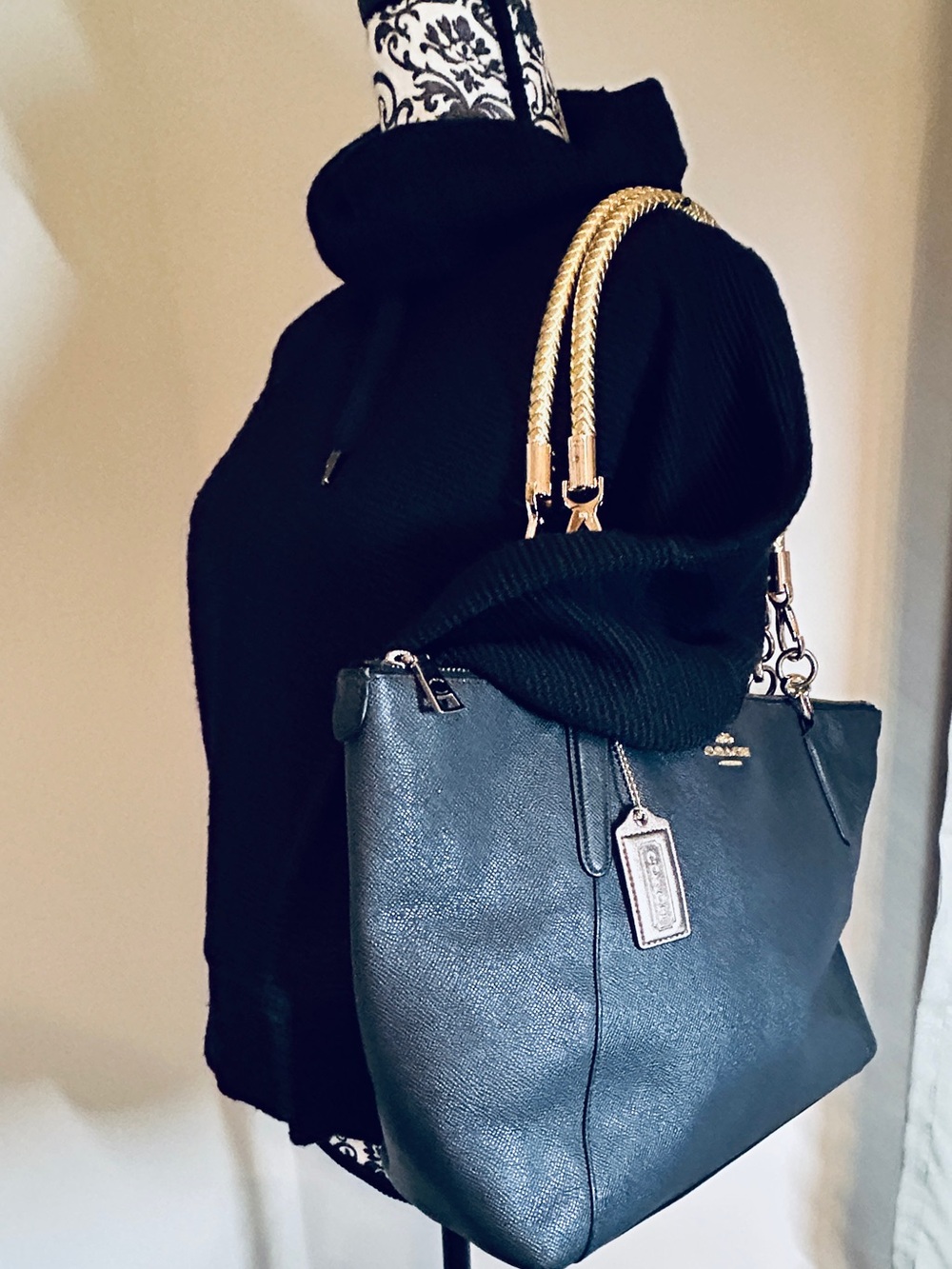Coach Authentic Ava Steel Gray Leather Tote with Gold Woven Handles Roomy VGC